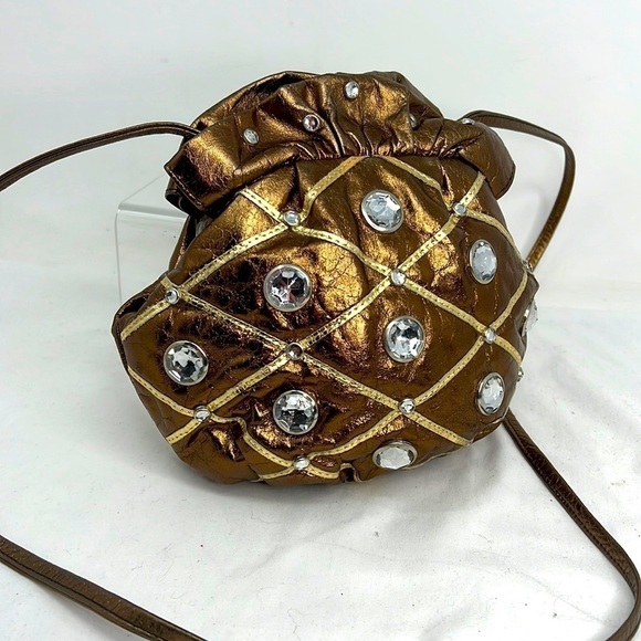 Vintage Bronze Soft Leather Crystal Studded Top Frame Shoulder Bag Crossbody - Picture 1 of 10